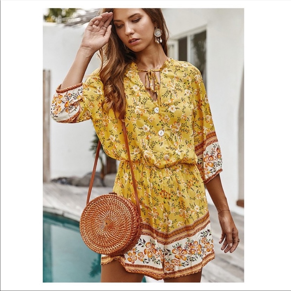 Yellow Floral Front Button Romper - Picture 2 of 8